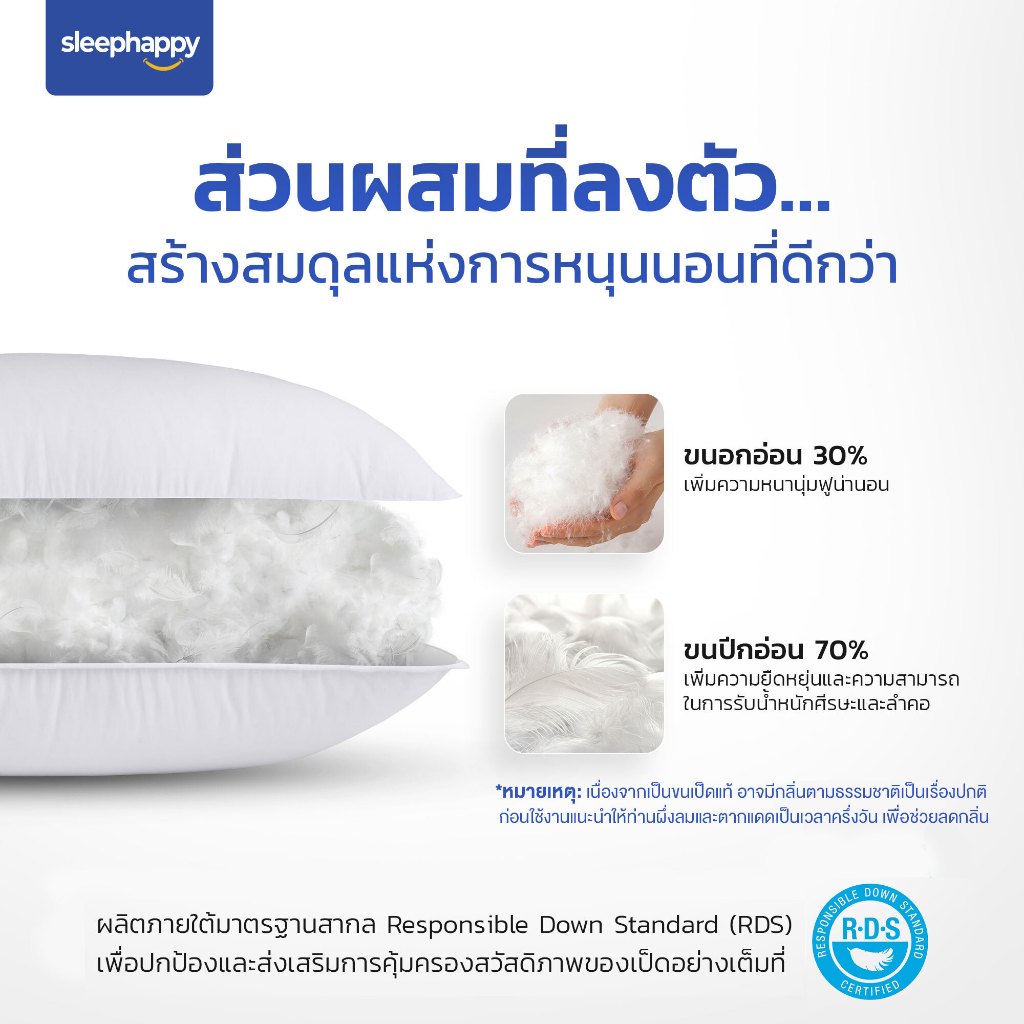 SleepHappy รุ่น SH-DP1000 หมอนขนเป็ดแท้ 100% เกรดพรีเมี่ยม ขนาด 48x74 ซม. สีขาว มอบความนุ่มสบายโอบรับศีรษะและลำคอทุกองศาเพื่อการนอนหลับสนิทเหมือนพักในโรงแรม 5 ดาว