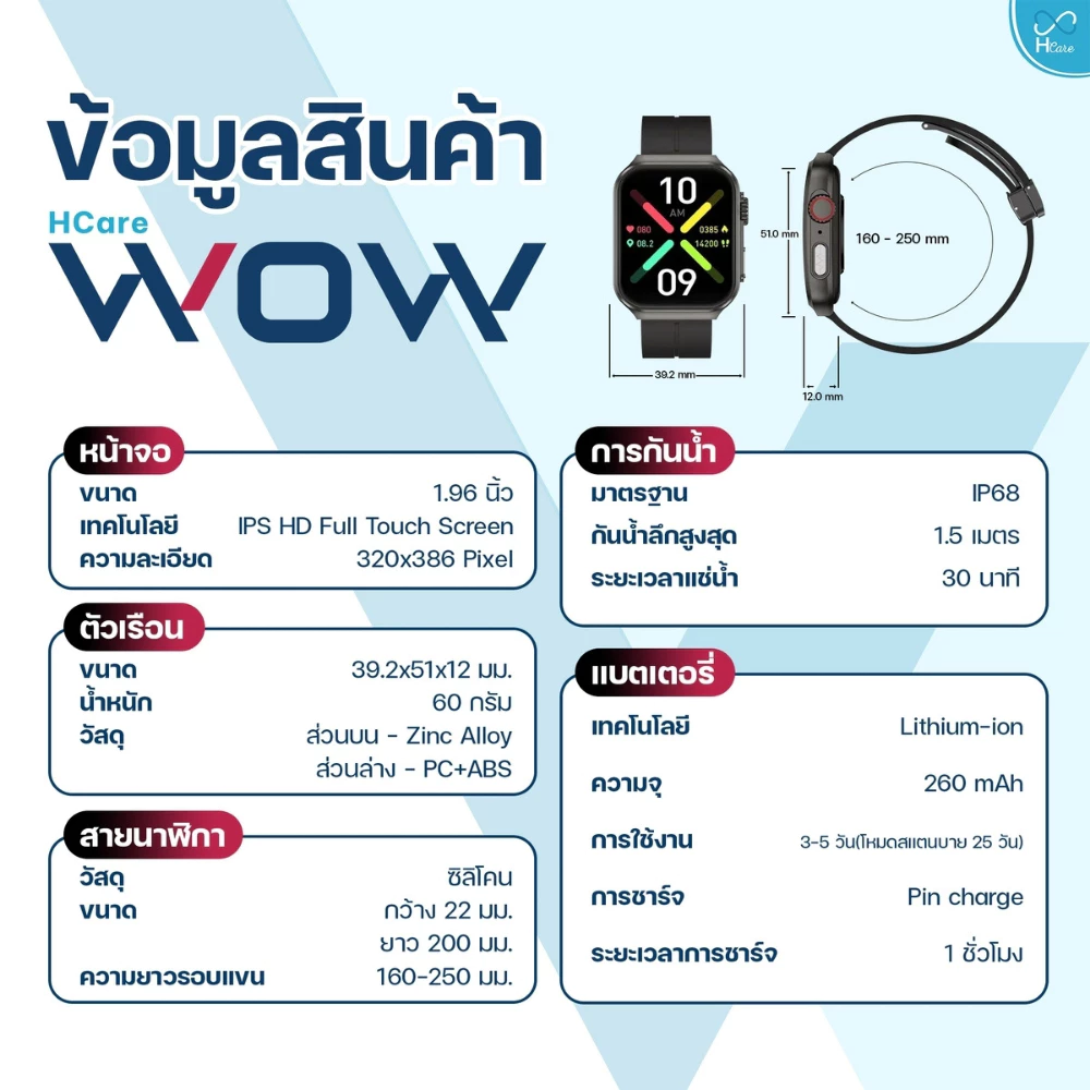 Hcare Wow 2 นาฬิกาวัดความดัน-คลื่นไฟฟ้าหัวใจ-ระดับน้ำตาล-มวลร่างกาย-รับสายโทรออก