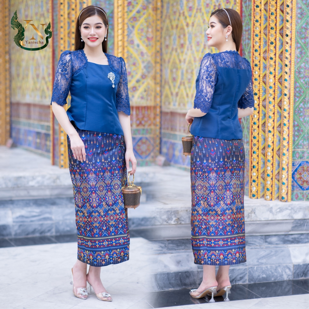 เซ็ทไหมญี่ปุ่นพรีเมี่ยมแต่งลูกไม้ใยบวบ ชุดออกงานไปวัด สีน้ำเงิน M-4XL มุมมองที่ 2