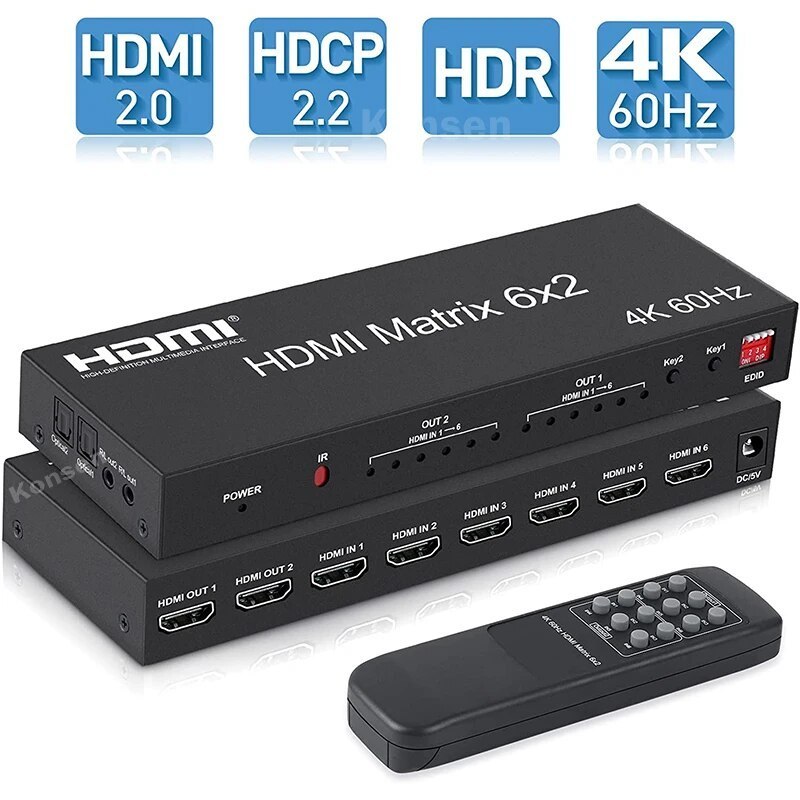 6x2 HDMI Matrix สวิตช์ 4K 60Hz HDMI Matrix 6อิน2เอาท์พุทวิดีโอแยกพร้อม ...