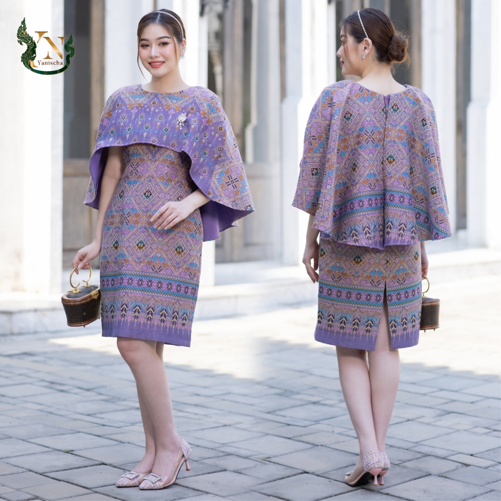 ชุดเดรสผ้าไหมปีกผีเสื้อ สีม่วงมงคล ไปวัดทำบุญ ไซส์ M-4XL ใส่สบาย มุมมองที่ 2
