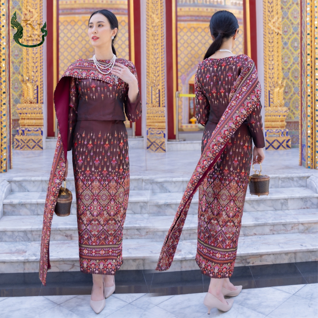 ชุดผ้าไหมไปวัด รุ่นละอองดาว สีทองแดง ใส่แล้วผอม เรียบหรู ไซส์ S-5XL มุมมองที่ 2
