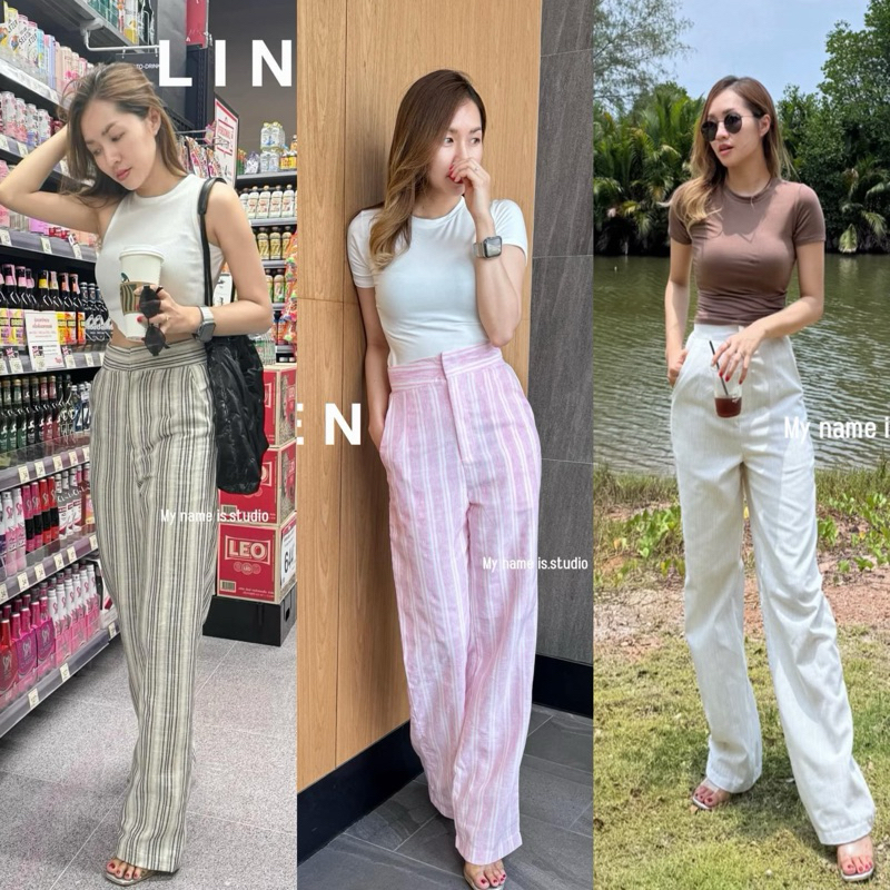 MNS Basic Linen pants ลายริ้ว กางเกงทรงตรง เอวสูง ลินิน | Shopee Thailand