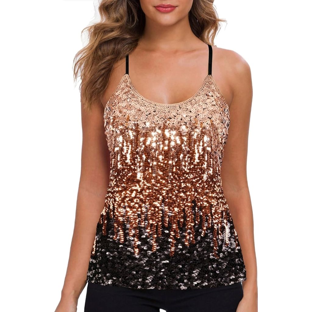 Maner Womens Sequin Top Glitler Party Strappy Tank Top Sparkle Cami