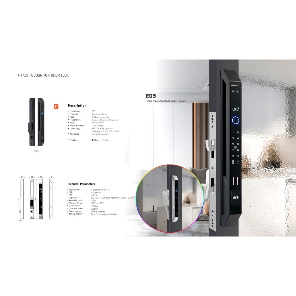 Digital Door Lock รุ่นปี 2026 Model E05 Facescan สแกนใบหน้า Wifi Tuya ...