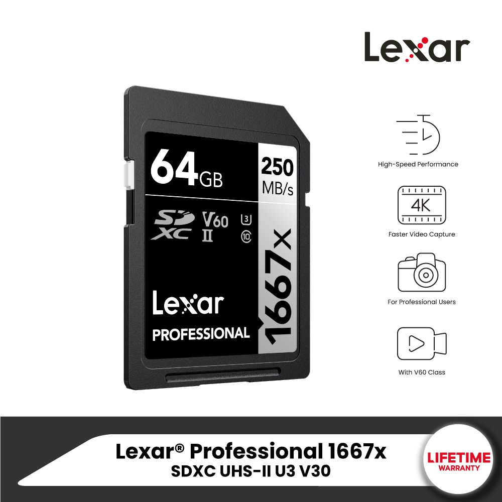 Lexar SD1667x 64GB UHS-II U3 V60 SD Card (เอสดีการ์ด) Full-HD 3D 4K ...
