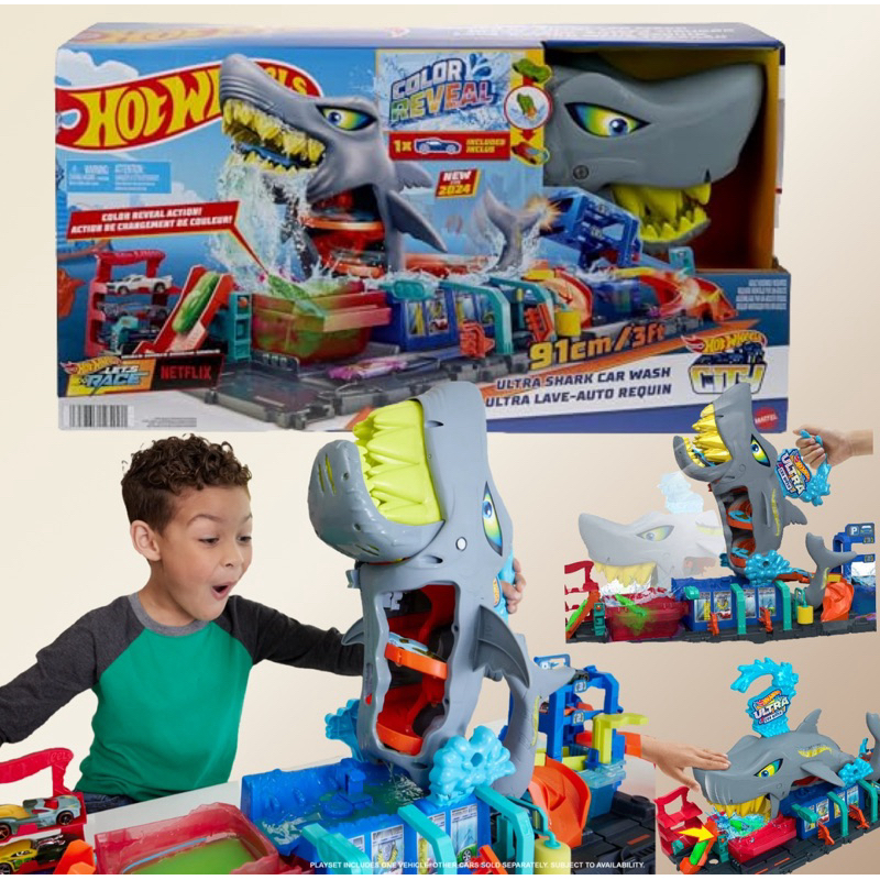 Hot Wheels City Ultra Shark Car Wash with Color Reveal Toy Car in 1:64 ...