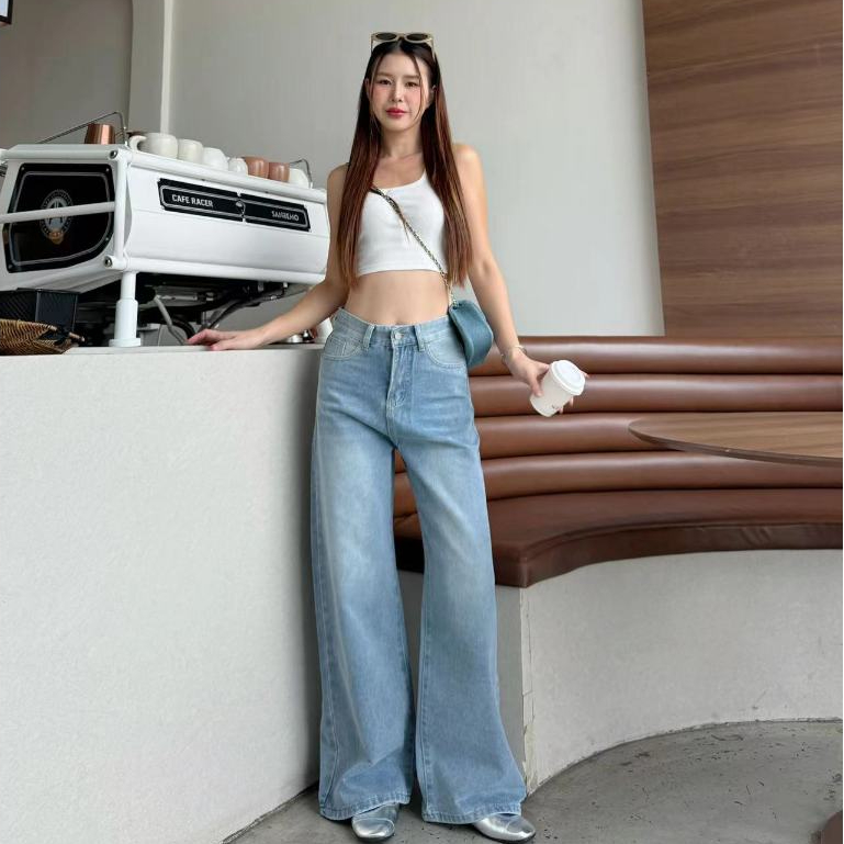 กางเกงยีนส์เอวสูง ทรงลิซ่า กระบอกใหญ่ ทรงสวย ใส่ สบาย แมทง่าย ใส่ได้ทุกลุค - 5