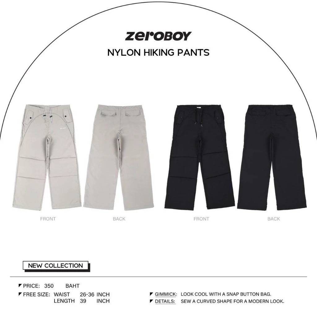 ZEROBOY - Nylon Hiking Pants กางเกงขายาวทรงกระบอกใหญ่ กางเกงไนล่อนรุ่นใหม่ 2 สี สีเทา สีดำ