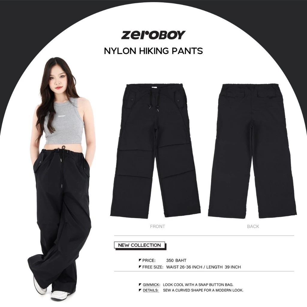 ZEROBOY - Nylon Hiking Pants กางเกงขายาวทรงกระบอกใหญ่ กางเกงไนล่อนรุ่นใหม่ 2 สี สีเทา สีดำ https://wayoza.com