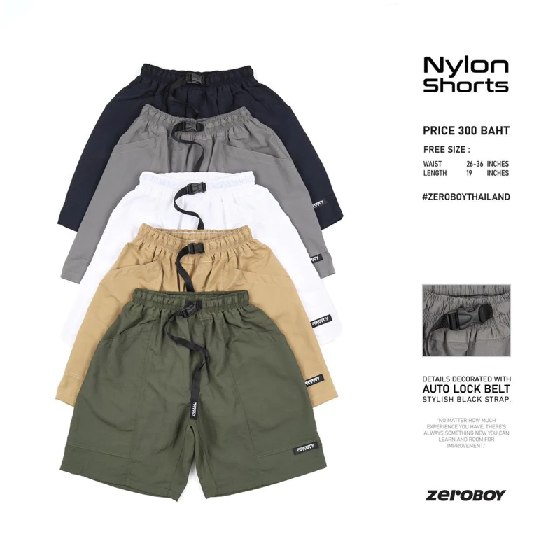 ZEROBOY - Nylon Shorts กางเกงขาสั้น กางเกงไนล่อนขาสั้น 5 สี สีขาว สีเบจ สีเทา สีเขียวขี้ม้า สีดำ