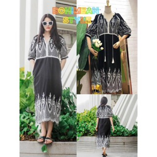 Bohemian​ embroidery Maxi Dress ชุดเดรสปักลายวินเทจสไตล์โบฮีเมียน เดรสใส่เที่ยวคาเฟ่ เสื้อผ้าแฟชั่นผู้หญิง