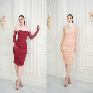 Code : M9 Luxe Dress ชุดเดรสเกาะอกแต่งแขนยาวทรงสอบแต่งเพชรคริสตัลทั้งตัว สีนู้ด สีแดงทับทิม สำหรับผู้หญิง ไซส์ S-L