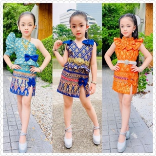 ชุดไทยประยุกต์เด็กผู้หญิงกระโปรงผ่าหน้าเสื้อคอจีน#kaew