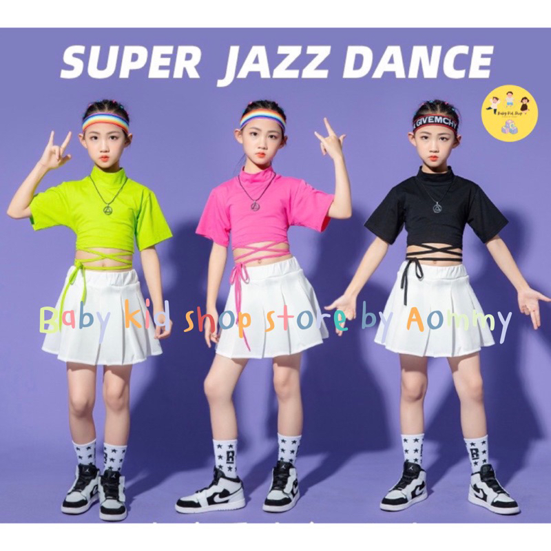 พร้อมส่ง-ชุดเซต-jazz-dance-เสื้อเอวลอย-กระโปรง-3-สีสดใส-เขียว-ชมพู-ดำ-เสื้อแยกขาย