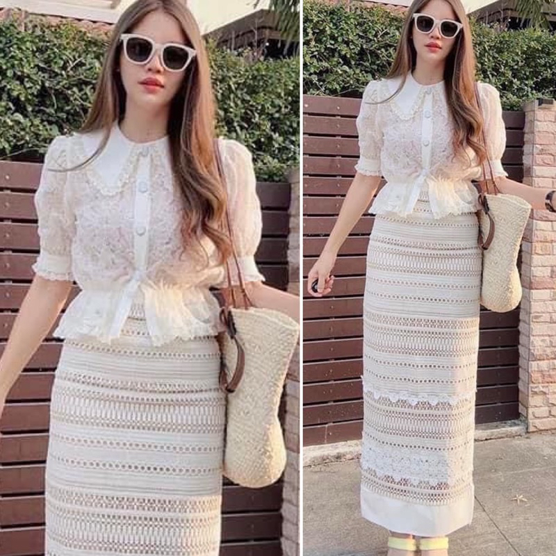 ชุดลูกไม้เข้าเซ็ทสีครีมขาว Premium ใส่งานบุญ งานแต่ง หรูหราสวยกรุบ มุมมองที่ 3