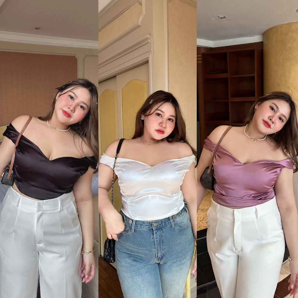 Samantha Top 🖤 เสื้อเปิดไหล่ซาติน มีฟองน้ำเสริมทรง - merrychubbyhouse Shopee Thailand