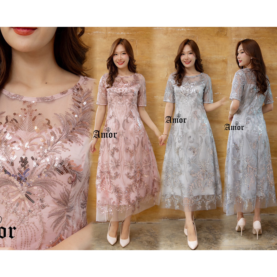 ส่งฟรี-ชุดเดรสลูกไม้ปักเลื่อม-ชุดราตรี-สีกะปิ-สีเทา-m-4xl-amor