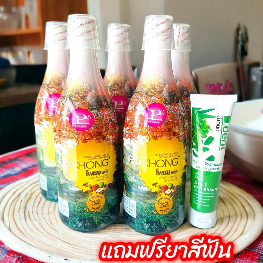 โพชง POCHONG เครื่องดื่มสมุนไพรและฟฤกษาชาติ (ชุด 5 ขวดแถมยาสีฟัน ...