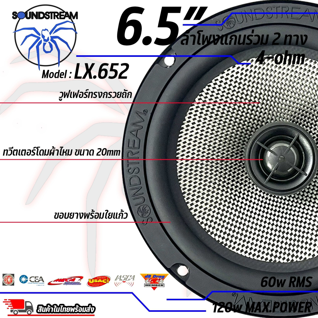 ลําโพงรถยนต์ 6.5 นิ้ว เสียงดี SOUNDSTREAM ของแท้!!! รุ่น LX.652