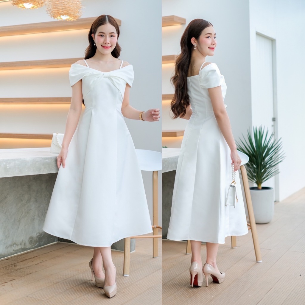 เดรสเปิดบ่าโบว์อก กระโปรงบานเรียบหรู เนื้อผ้าหนานุ่ม ไซส์ S-3XL ใส่ไปงานแต่ง งานเลี้ยง มุมมองที่ 6