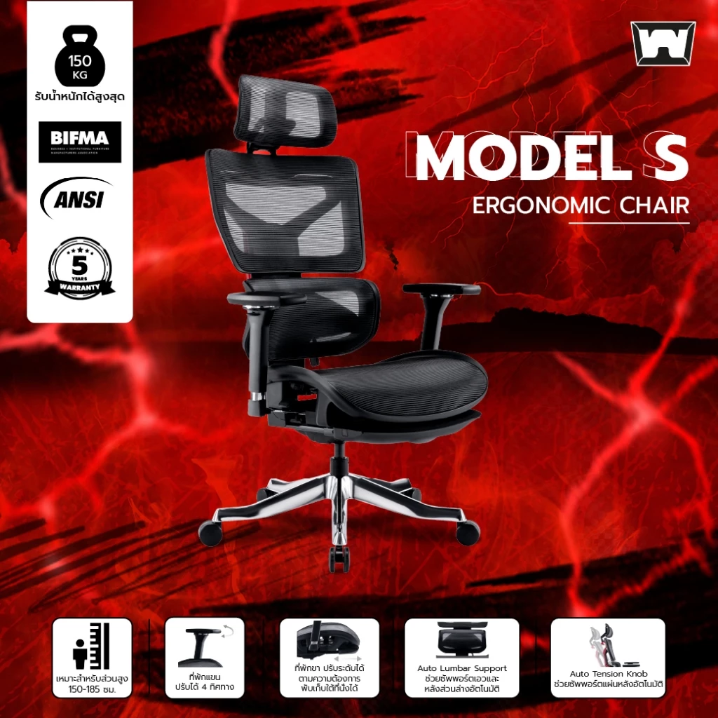 Work Station - Ergonomic chair เก้าอี้ทำงานเพื่อสุขภาพ รุ่น Model S เก้าอี้สีดำ เก้าอี้พนักพิงสูง นุ่มสบาย ตามหลักสรีระศาสตร์ เกรดพรีเมี่ยม ลดอาการปวดเมื่อย รองรับน้ำหนัก 150 kg.