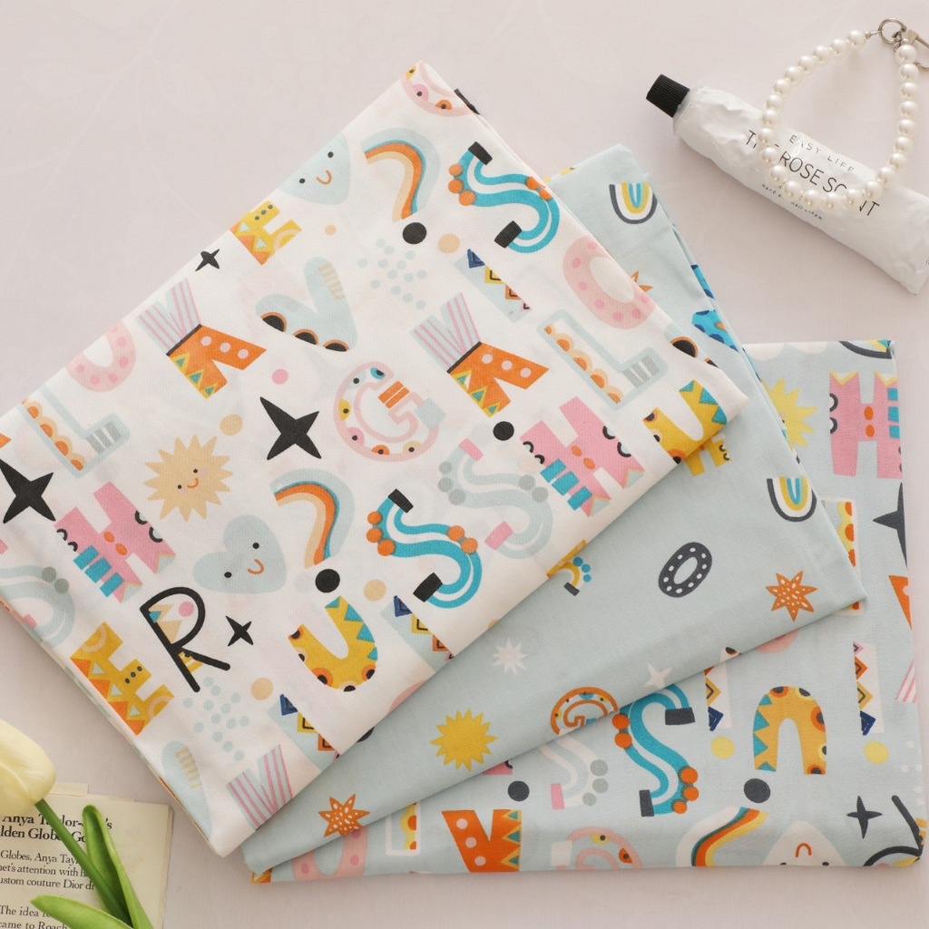 ผ้าาคอตตอน 100% คอตตอนทอทวิล ลายABC ลายตัวหนังสือ ผ้าหน้ากว้าง 1.6 เมตร ...