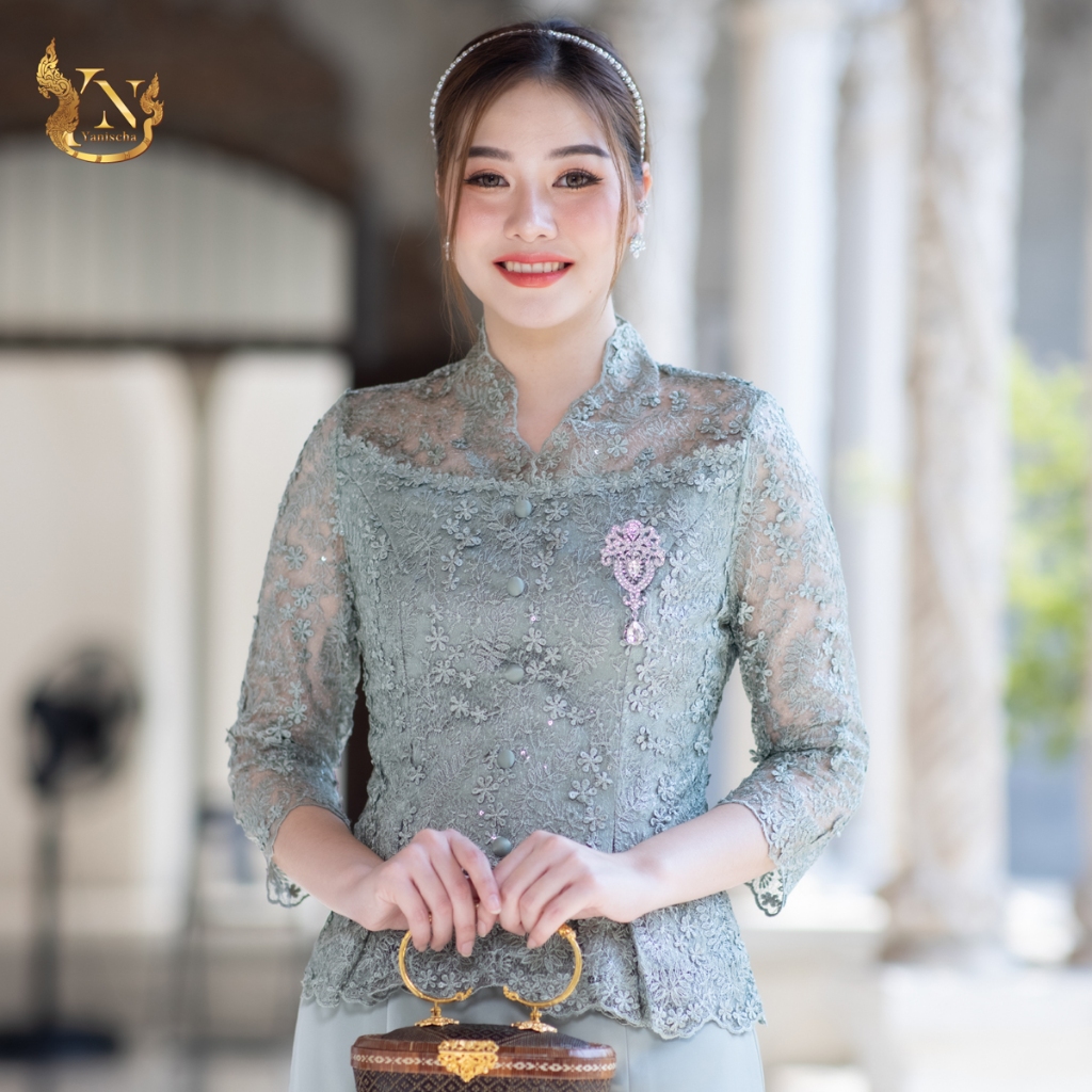 ชุดเซตลูกไม้ใยบวบฝรั่งเศษพรีเมียม กระโปรงหางปลา ใส่ไปงาน-วัด (เขียว) มุมมองที่ 3