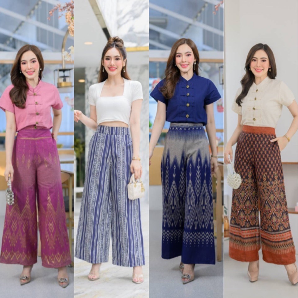 กางเกงขาบานลายไทย เอวสม็อคหลัง ⛅ [พิเศษมีไซร้คนอ้วน M L XL]