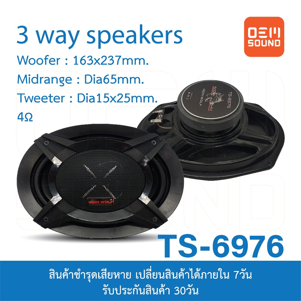 Soway TS-6976 ลำโพงแกนร่วม 3ทาง ขนาด6x9นิ้ว 4โอห์ม แถมสายและฝาครอบ ...