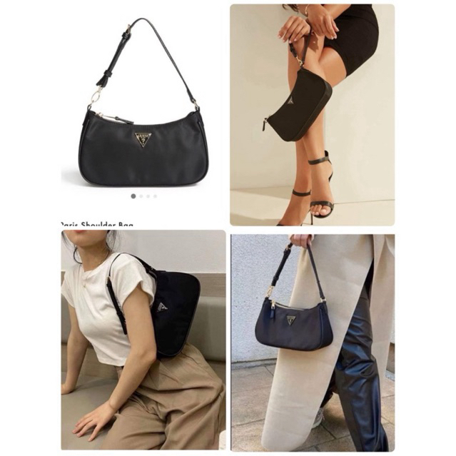 กระเป๋าสะพาย GUESS PARIS SHOULDER BAG ผ้าไน ล่อน สีดำ ใส่กระเป๋า ตัง ใบ