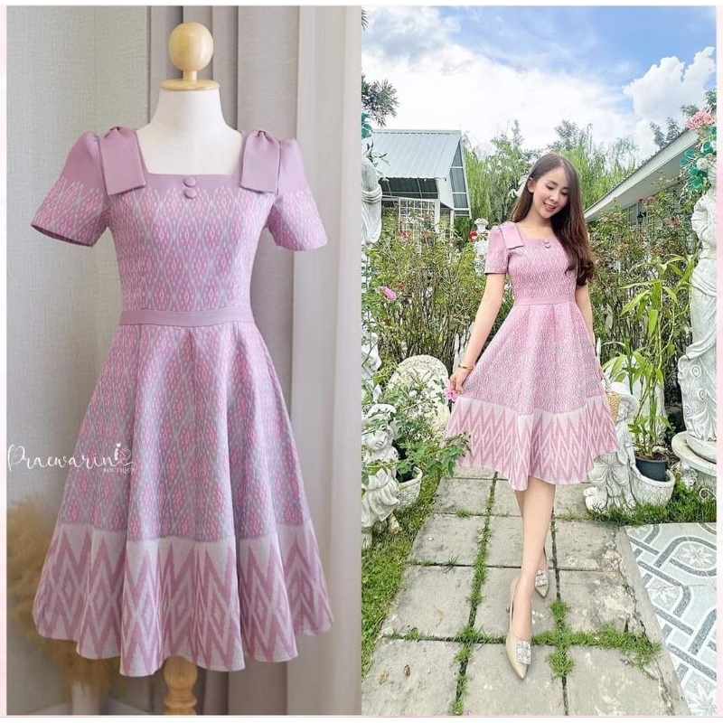ชุดผ้าทอไทยสีชมพู ทรงเอ อัดกาวทั้งชุด คอบัว สายโบว์ ไซส์ S-2XL มุมมองที่ 3