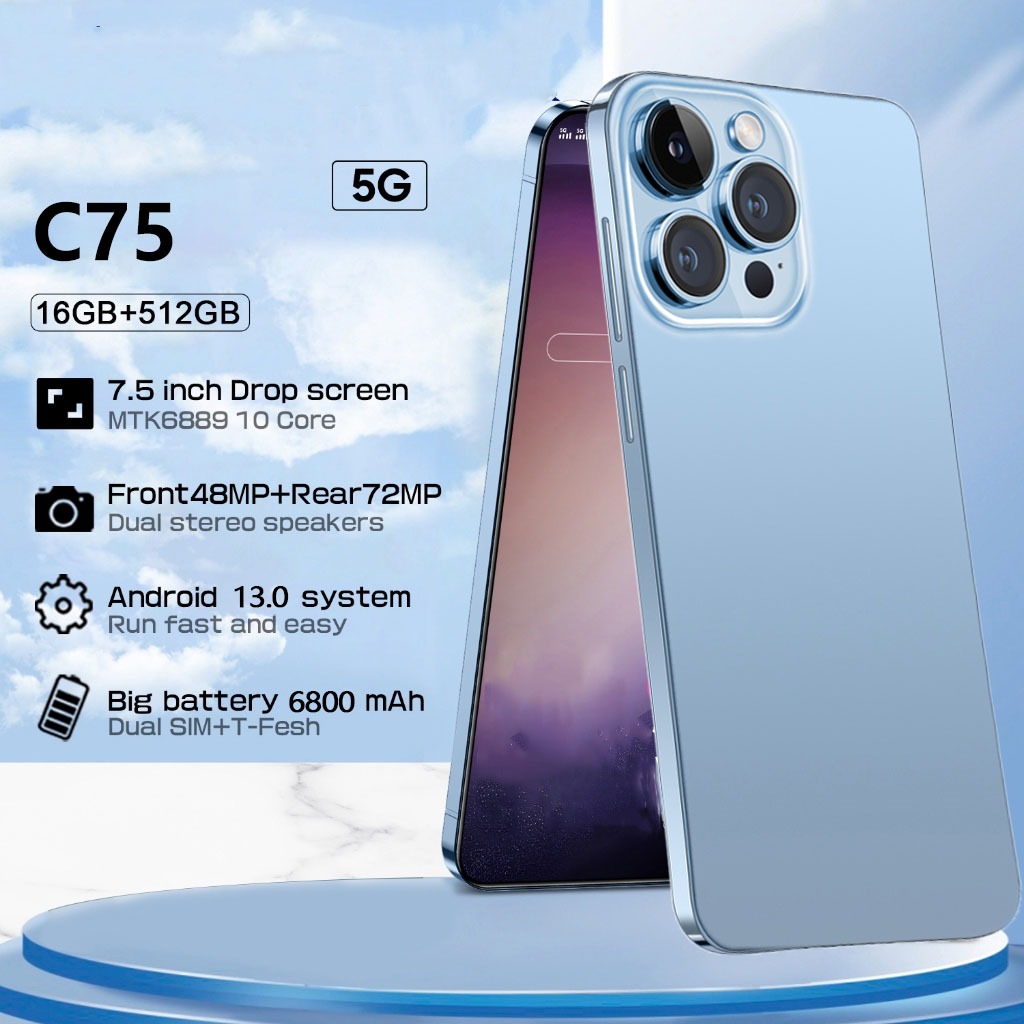 โทรศัพท์ C75 6.7นิ้ว มือถือเต็มจอ ใส่ได้สองซิม (Ram16G + Rom512G) มือ ...