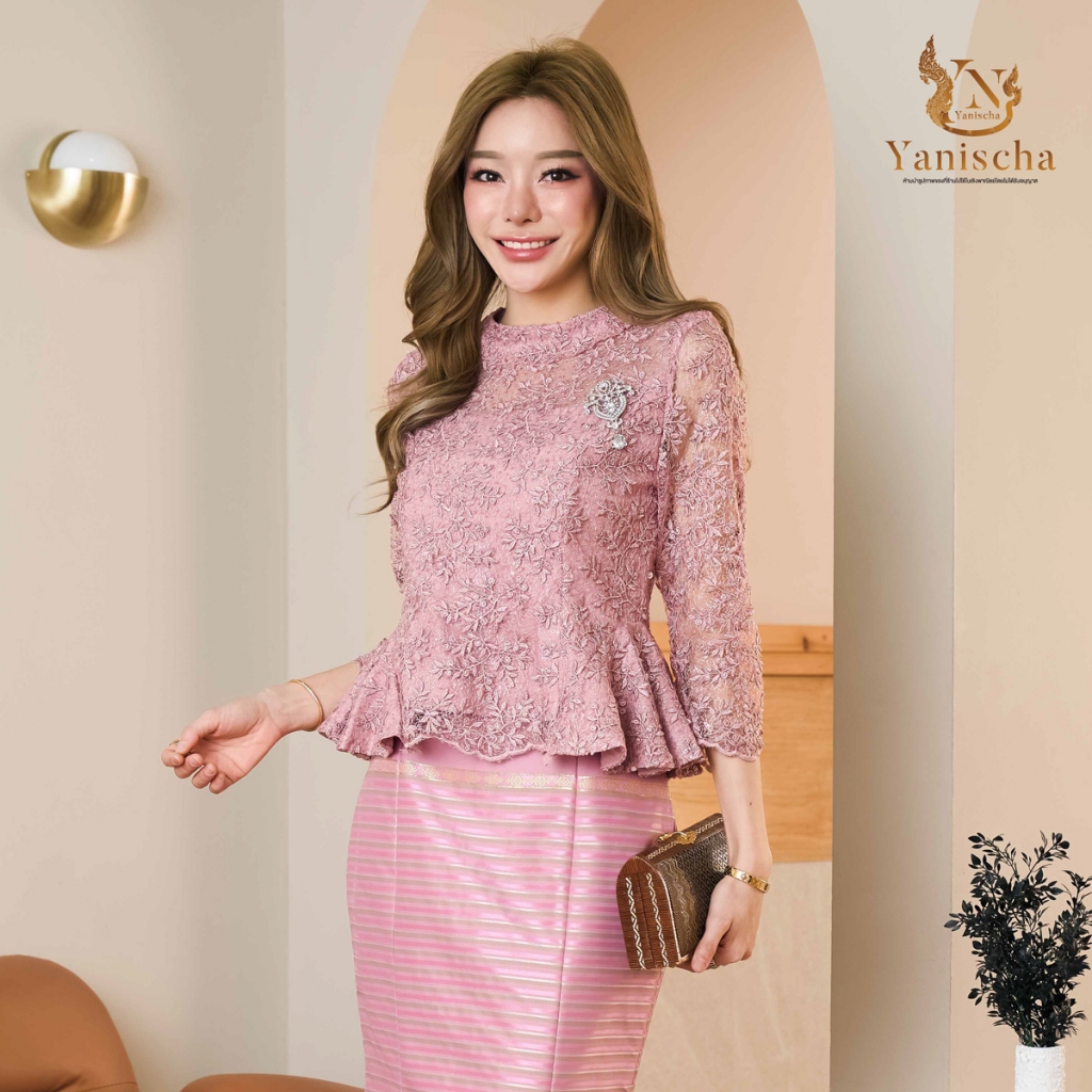 Yanischa Dress เสื้อลูกไม้ใยบวบพรีเมี่ยม กระโปรงผ้าไหมหางปลา ชุดออกงานไปวัด ดูผอม มุมมองที่ 3