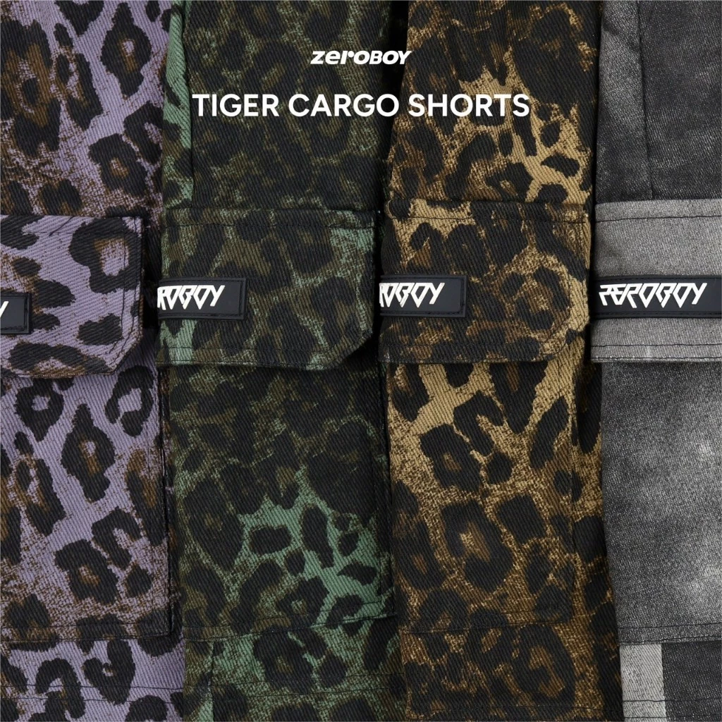 ZEROBOY - Tiger Cargo Shorts " กางเกงขาสั้นคาร์โก้ลายเสือดาว 4 แบบ สีเหลือง สีเขียว สีม่วง สีเทา