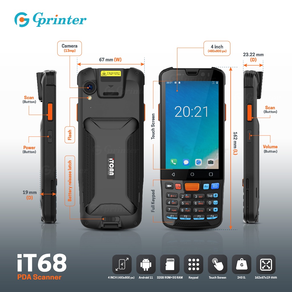 Gprinter PDA IT68 เครื่องเก็บข้อมูลแบบพกพา นับสินค้าคงคลัง android 4G ...