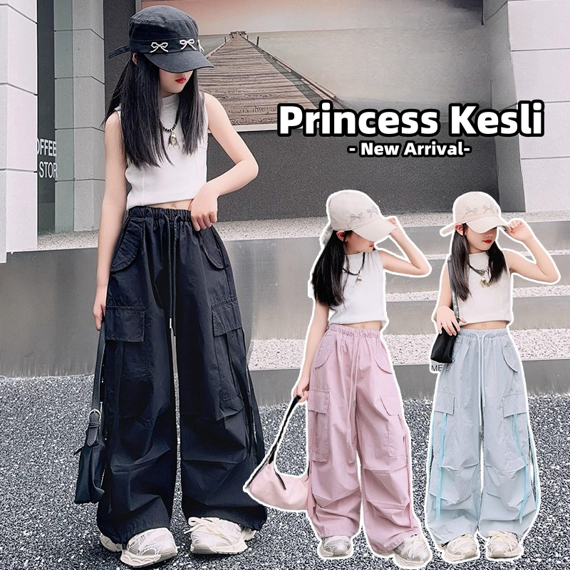 PRINCESS KESLI สไตล์เกาหลี กางเกงคาร์โก้เด็ก ขายาวกว้าง สไตล์กีฬา กางเกงขายาวเด็ก 2-12 ปี