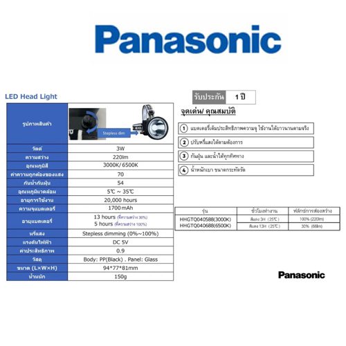 ของแท้100-panasonic-ไฟส่องกบ-led-headlight-3w-แสงสีขาว-หรี่ได้-ไฟฉายคาดศรีษะ-กันน้ำ-ip54-ไฟฉาย-ส่องกบ-ไฟคาดหัว