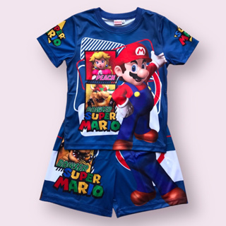 ชุดเสื้อยืด กางเกงขาสั้น ชุดเซ็ต เด็กผู้ชาย ลาย มาริโอ้ Super Mario Nintendo งาน ลิขสิทธิ์ 2-7 ปี น้ำเงิน