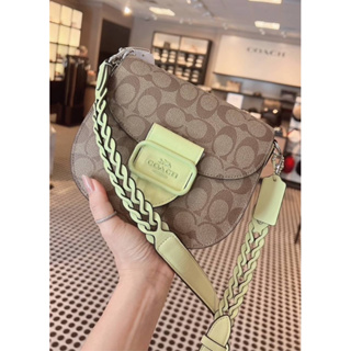 (ผ่อน0%) กระเป๋าสะพายข้าง Coach Morgan Saddle Bag In Signature Style No. CJ615 ลายซีสีน้ำตาล สายสะพายสีเขียว 7 นิ้ว