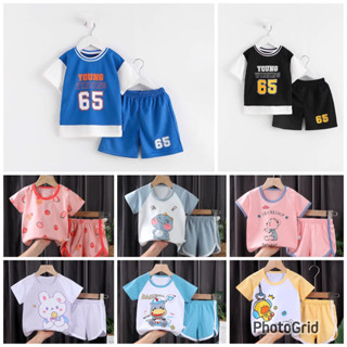 [พร้อมส่ง] เสื้อผ้าเด็ก เสื้อกีฬาเด็ก เซตสองชิ้น ลายการ์ตูนน่ารัก เสื้อแขนสั้น + กางเกงขาเว้า