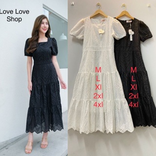 เดรสดำออกงาน!!! M-4XL Maxi Dress เดรสสีดำผ้าฉลุลายแขนพอง งานป้าย Love love
