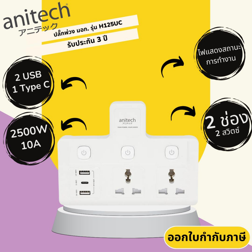 ปลั๊กไฟ มาตรฐาน มอก. ยี่ห้อ Anitech รุ่น H125UC 2 ช่อง 3 สวิตซ์ / 2USB ...