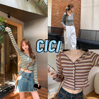 Cici(NO.Y5060)เสื้อครอปแขนยาวไหมพรมลายทาง ดีเทลกระดุมหน้า ลูกเล่นแต่งขอบหยัก สุด Cute