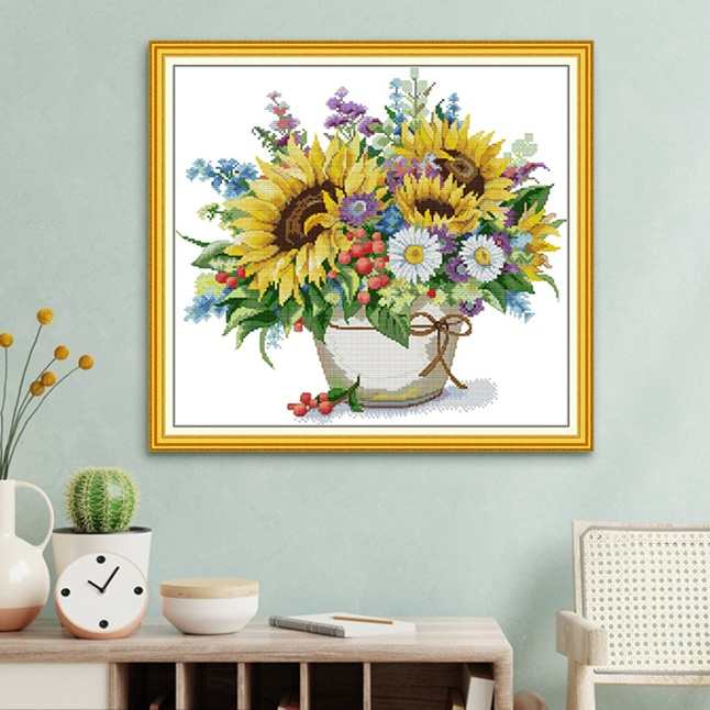 ชุดปักครอสติช-ดอกไม้-ดอกทานตะวัน-แจกัน-sunflower-vase-cross-stitch-kit