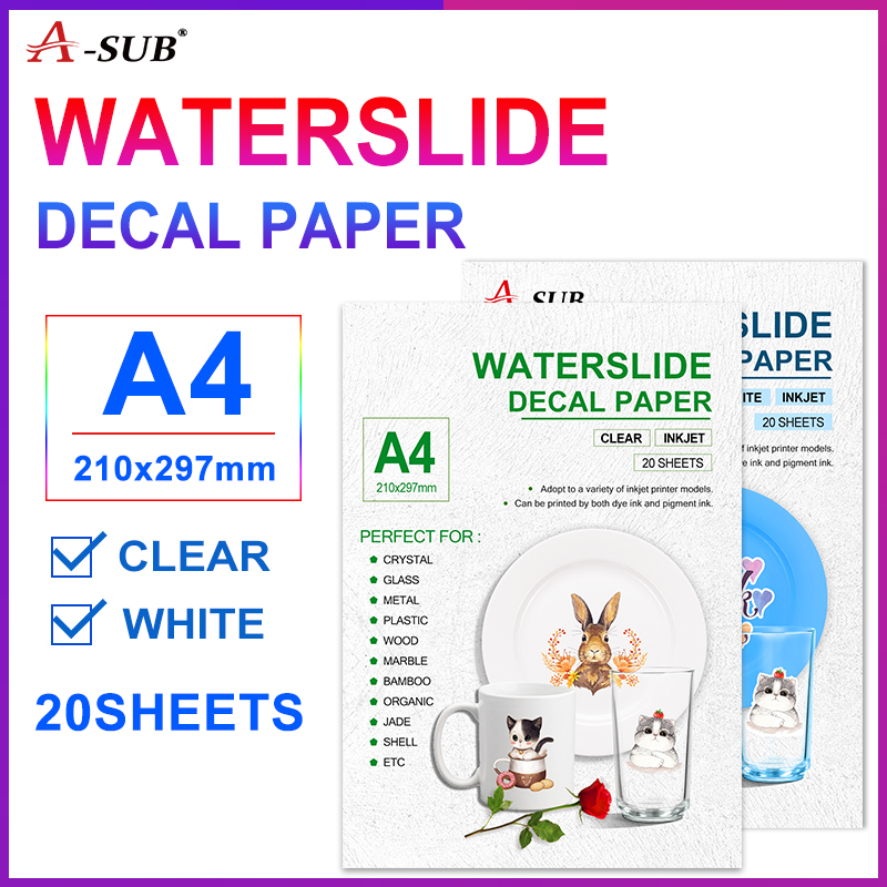 A-SUB Clear/White Water Slide Decal Paper A4 Water Transfer Inkjet ...