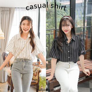 Casual shirt🎧 เสื้อเชิ้ตแขนบอลลูนลายทาง🖤🤍