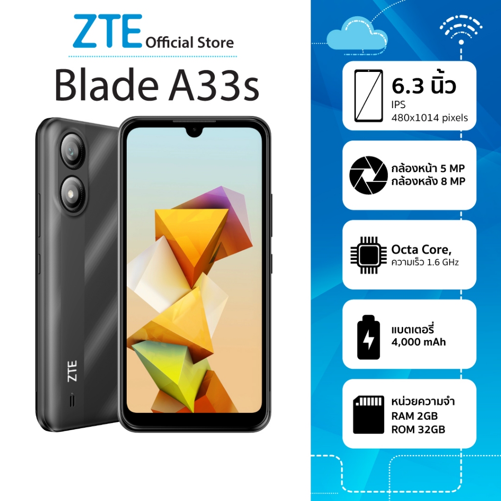 ZTE Blade A33s (2+2/32GB) ขนาดจอ 6.3" ประกันศูนย์ ผ่อน0 ส่งฟรี