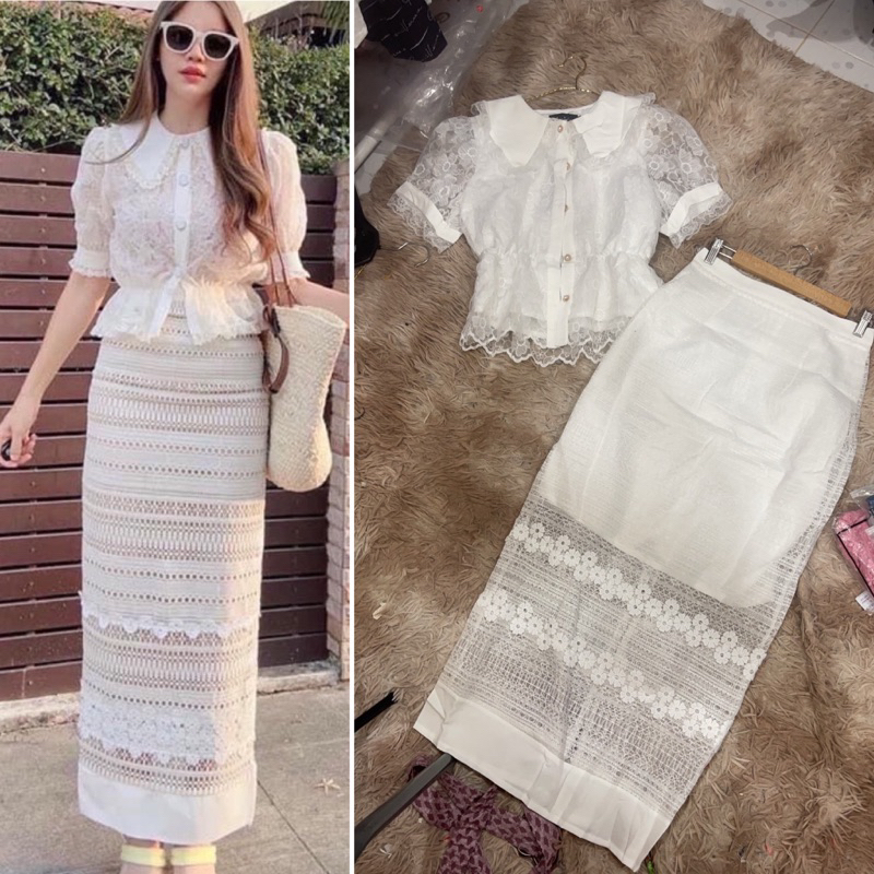 ชุดลูกไม้เข้าเซ็ทสีครีมขาว Premium ใส่งานบุญ งานแต่ง หรูหราสวยกรุบ มุมมองที่ 4