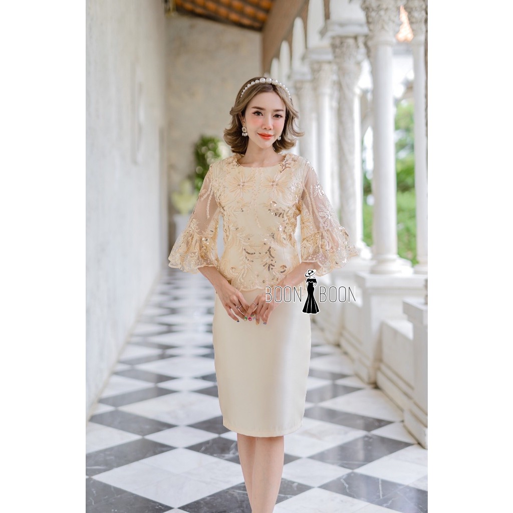 เดรสลูกไม้ลายดอก Premium M-4XL งานสวย ใส่ไปงาน คุณแม่เจ้าสาว ชุดออกงานหรู มุมมองที่ 2